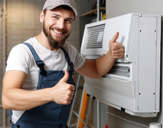 HVAC technician giving thumbs up beside equipment