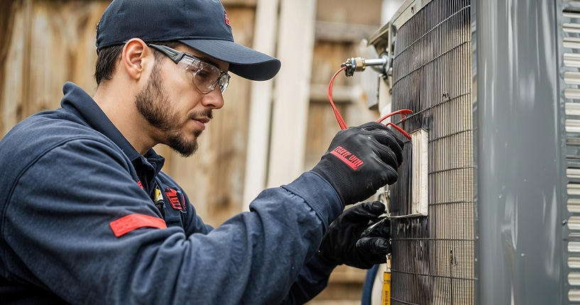 Commercial HVAC technician working on condenser equipment
