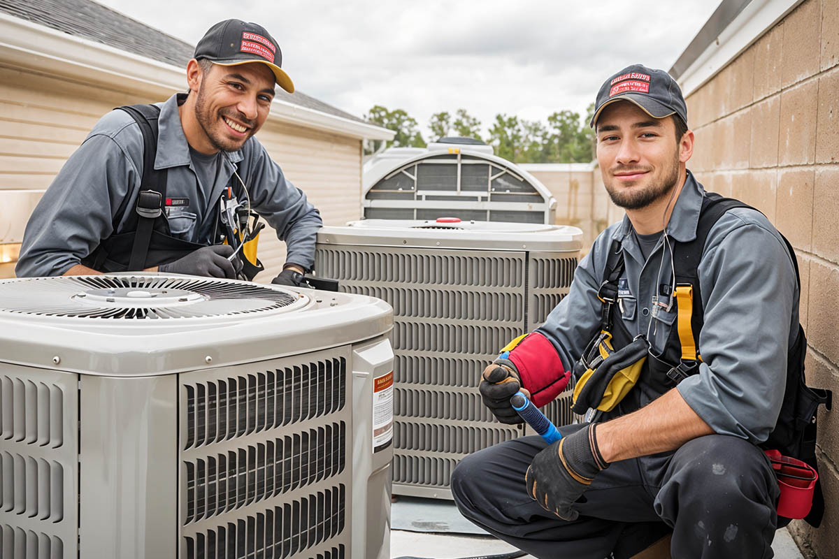 Licensed commercial HVAC contractor servicing rooftop unit on NYC office building, Queens