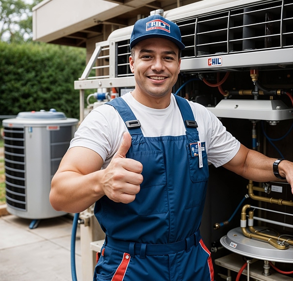 HVAC technician smiling beside commercial equipment