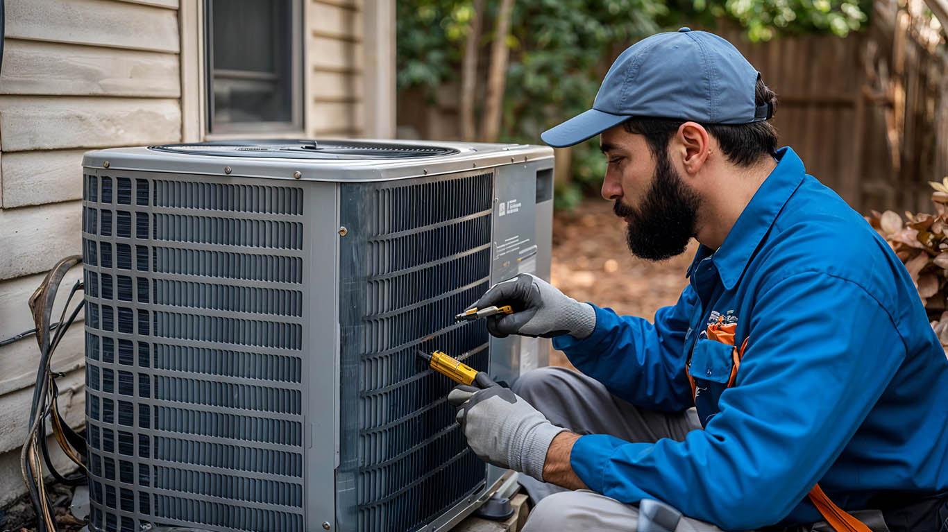 Technician working on commercial HVAC condenser